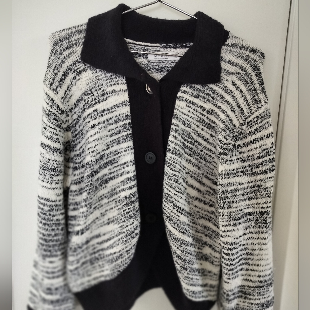 Masai Copenhagen Black White Button Front Cardigan Cotton/ Merino Wool Blend Med
